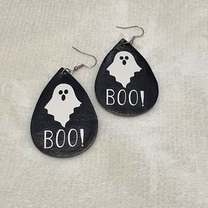 Halloween BOO Ghost Leather Style Teardrop Earrings NEW